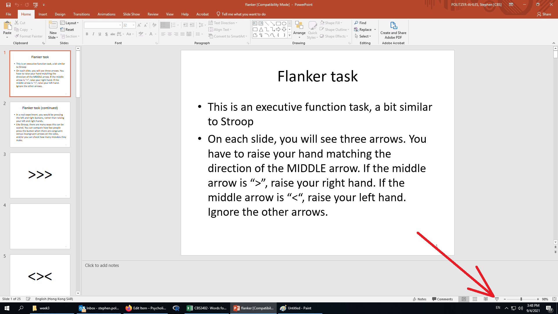 Screenshot of the Powerpoint user interface, with a red arrow pointing to the location of the 'Slide Show' button